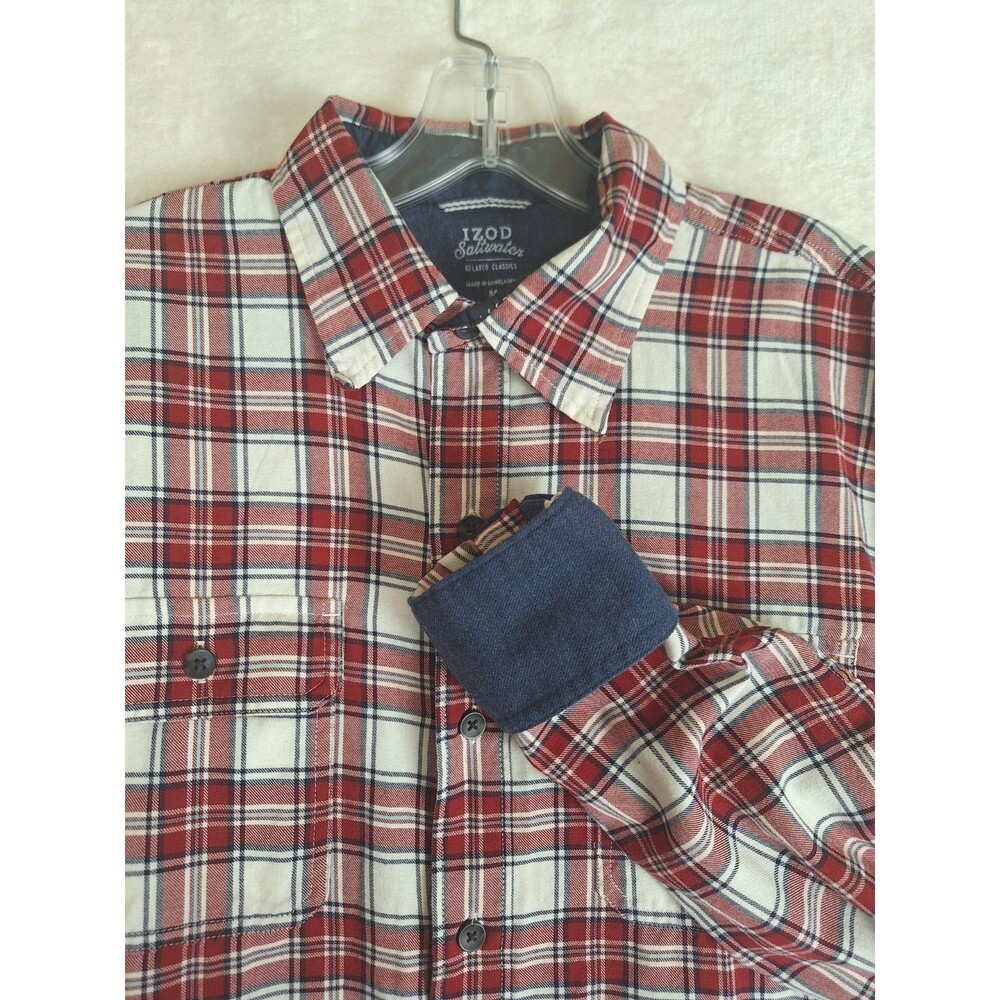 Izod Saltwater Relaxed Classic Fit Button Down Shirt Mens M Red Plaid Flannel